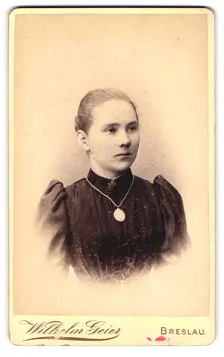 Fotografie Wilhelm Geier, Breslau, Schweidnitzerstrasse 16-18, Portrait junge Dame im Kleid mit Medaillon