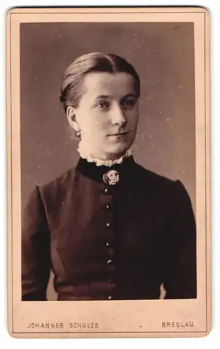 Fotografie Johannes Schulze, Breslau, Matthias-Platz 13, Portrait junge Dame im Kleid mit Kragenbrosche