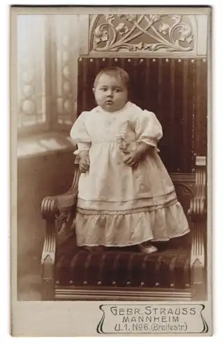 Fotografie Gebr. Strauss, Mannheim, Breitestrasse 6, Portrait kleines Mädchen im Kleid