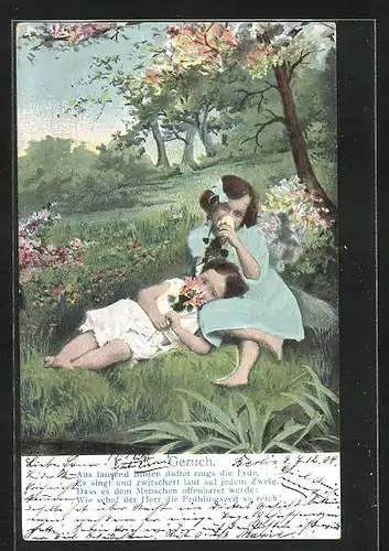 AK Zwei kleine Mädchen mit Blumen auf einer Wiese, Geruch, Allegorie