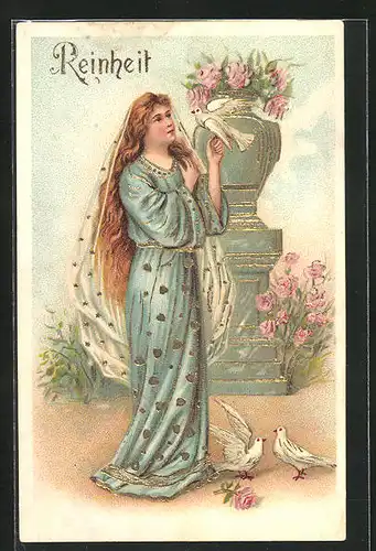 Präge-AK Reinheit, Junge Frau mit Taube auf der Hand