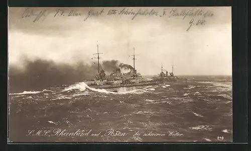 AK Kriegsschiffe S. M. S. Rheinland und Posen bei schwerem Wetter