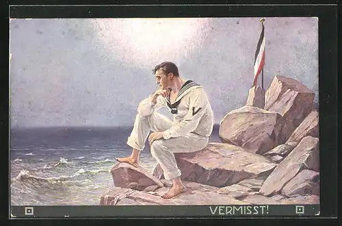 AK Vermisst!, Matrose eines Kriegsschiffes auf einem Felsen