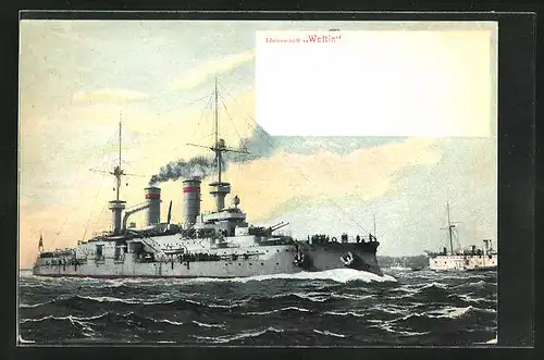 AK Kriegsschiff Wettin in voller Fahrt