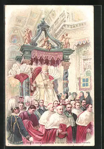 Lithographie Vatikan, Basilica Vaticana, Papst Leo XIII. in sedia gestatoria e la sua Corte