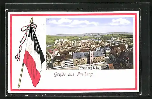 AK Freiberg i. Sa., Ortsansicht aus der Vogelschau, Kaiserreichsfahne