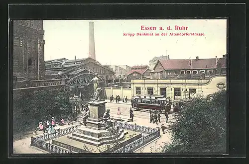 AK Essen a. d. Ruhr, Krupp Denkmal an der Aitendorferstrasse, Strassenbahn