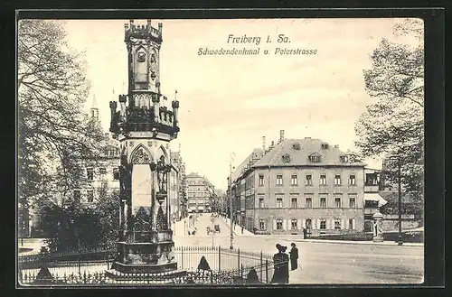 AK Freiberg i. Sa., Schwedendenkmal u. Peterstrasse