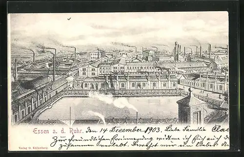 Lithographie Essen /Ruhr, Panorama der Industrie-Anlagen