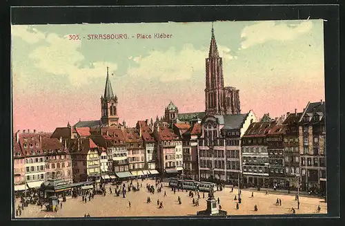 AK Strasbourg, Place Kléber, Strassenbahn