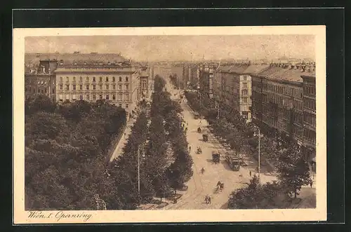 AK Wien, Opernring aus der Vogelschau, Strassenbahn