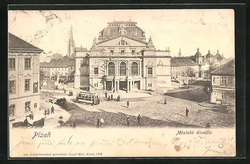 AK Plzen, Mestske divadlo, Strassenbahn