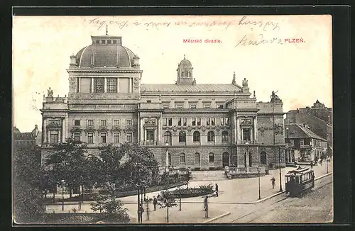 AK Plzen, Mestske divadlo, Strassenbahn