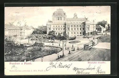 AK Plzne, Mestské divadlo, Strassenbahn