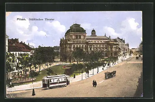 AK Pilsen, Städtisches Theater mit Strassenbahn
