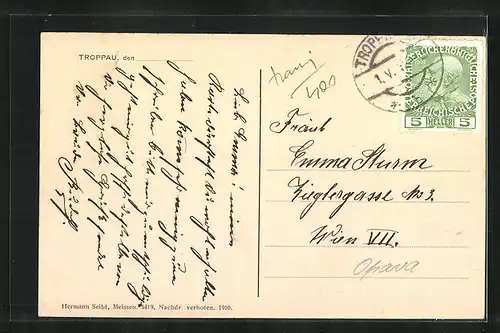 AK Troppau, Goethe Platz mit Strassenbahn