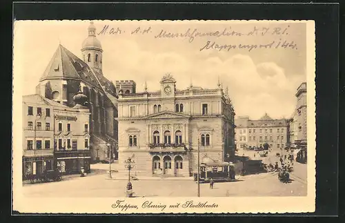 AK Troppau, Oberring mit Stadttheater, Strassenbahn