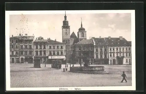 AK Jilhava, Strassenbahn auf Stadtplatz