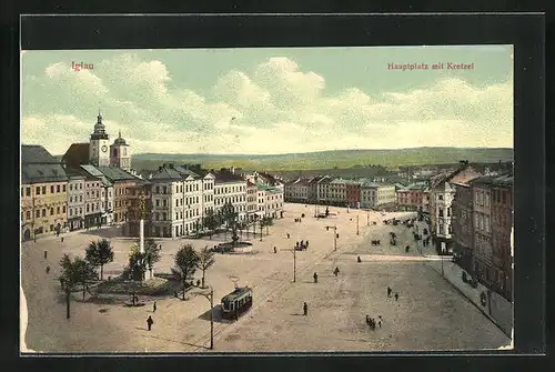 AK Iglau, Strassenbahn am Hauptplatz mit Kretzel