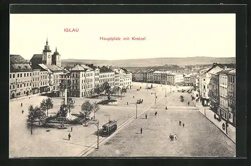 AK Iglau, Hauptplatz mit Kretzel, Strassenbahn