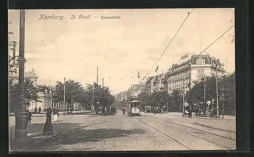 AK Hamburg St. Pauli, Reeperbahn und Strassenbahn