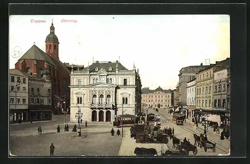 AK Troppau, Strassenbahn und Kutschen am Oberring