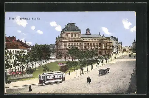 AK Plzen, Metstské divadlo, Strassenbahn