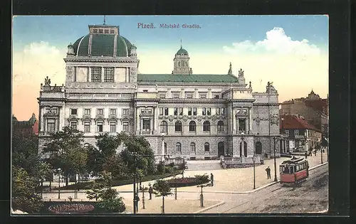 AK Plzen, Mestske divadlo, Strassenbahn