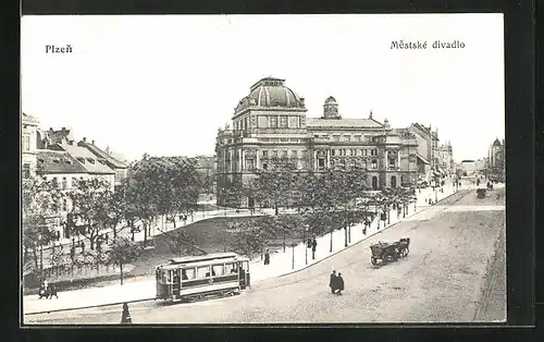 AK Plzen, Mestske divadlo, Strassenbahn