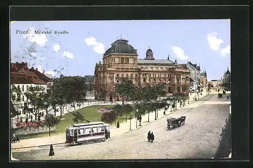 AK Plzen, Mestske divadlo, Strassenbahn