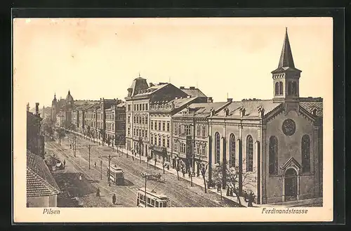 AK Pilsen, Strassenbahn auf der Ferdinandstrasse