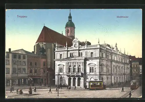 AK Troppau, Stadttheater und Strassenbahn