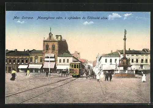 AK Ostrava, Masarykovo nám. s výhledem do Cesínské ulice, Strassenbahn