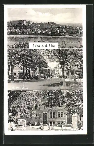 AK Pirna /Elbe, Karl-Marx-Strasse, Schilelrschule, Panorama