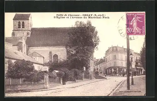 AK Orsay, L`Eglise et l`Avenue du Maréchal Foch