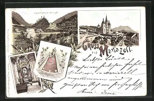 Lithographie Mariazell, Basilika, Hochaltar, Sigmundsberg