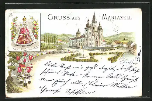 Lithographie Mariazell, Basilika, Gnadenmutter