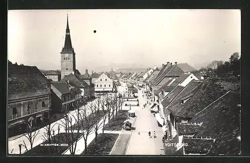 Foto-AK Voitsberg, Strassenpartie mit Kirche