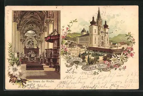 Lithographie Mariazell, Basilika, Innenansicht der Kirche