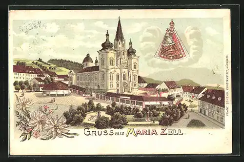 Lithographie Mariazell, Blick auf die Basilika, Gnadenmutter