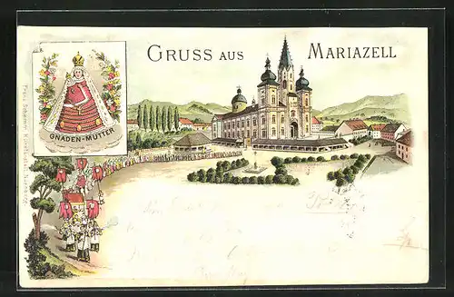 Lithographie Mariazell, Gnadenmutter, Platz vor der Basilika