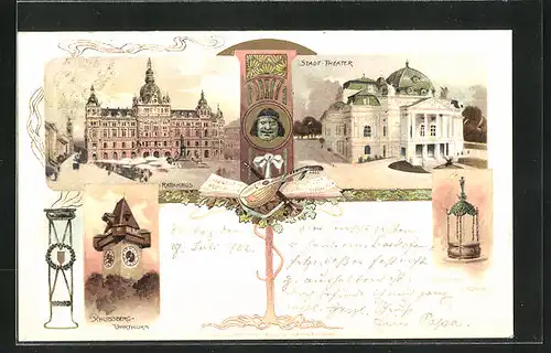 Lithographie Graz, Stadttheater, Schlossberg-Uhrturm, Rathaus