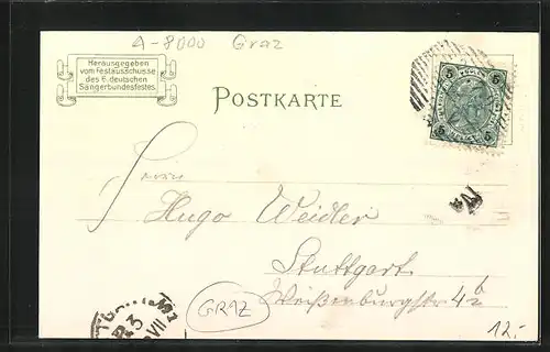 Lithographie Graz, Stadttheater, Schlossberg-Uhrturm, Rathaus