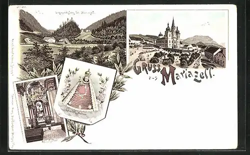 Lithographie Mariazell, Sigmundsberg, Gnadenmutter, Hochaltar