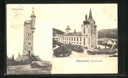 AK Mariazell, Blick auf die Basilika und den Bürgeralpl.