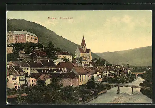 AK Murau, Ortspartie am Flus mit Brücke