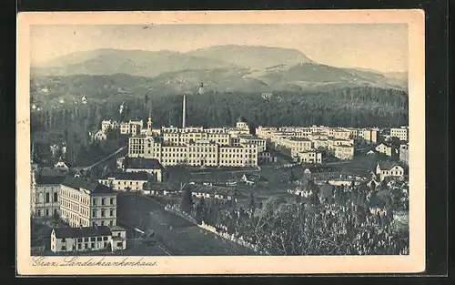 AK Graz, Blick auf das Landeskrankenhaus mit Berglandschaft im Hintergrund