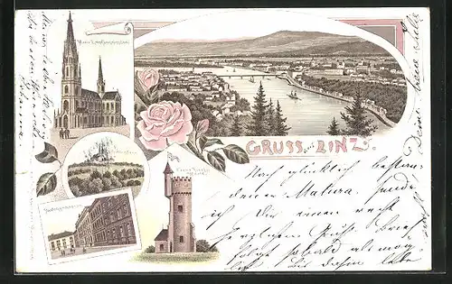 Lithographie Linz a. d. Donau, Maria Empfängnisturm, Pöstlingberg, Staatsgymnasium, Franz-Josef-Warte