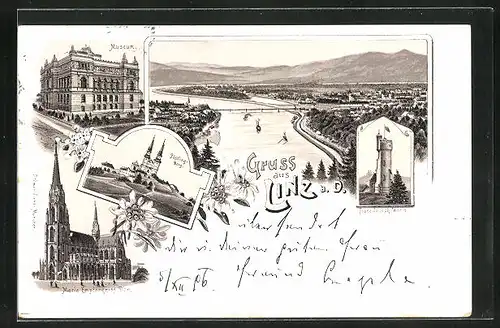 Lithographie Linz a. d. Donau, Neues Museum, Pöstlingberg, Maria Empfängniskirche