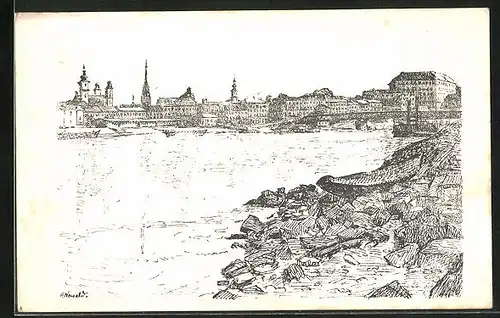 Künstler-AK Linz, Stadtpartie am Fluss